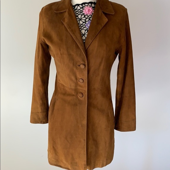 Italian sueded-leather fitted copper long blazer - Picture 1 of 7